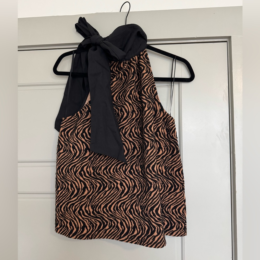 Sunday in Brooklyn Black Tie-Neck Zebra Print Halter Top